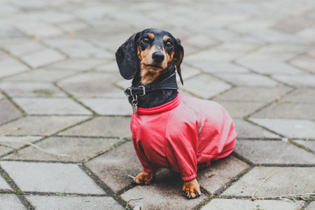 Small black dapple dachshund in bright red clothes sitting on stone tiles, looking alert and stylish on a chilly day, concept of petsの写真素材