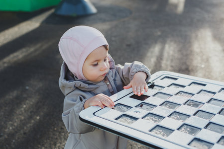small child 1 year and 3 months old plays on the playground in the park in autumn.の写真素材