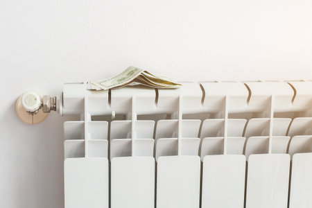 a stack of money dollars on a white battery heating radiator on a white wall, the concept of saving utility bills, Energy crisis.の写真素材