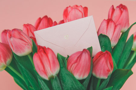 pink paper envelope with a heart in a bright spring bouquet of pink tulips, the concept of romance,...