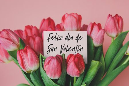 white gift card with the inscription Happy Valentine's Day in a bouquet of beautiful tulips, the...