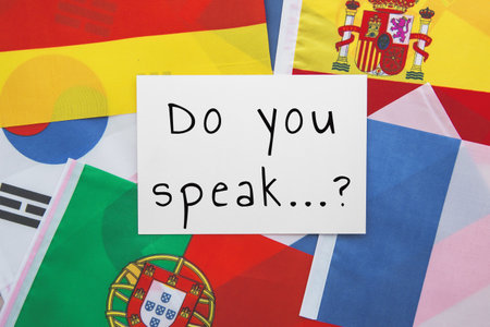 national flags of france, porutgalia, spain, japan and others and the inscription do you speak, education concept.の写真素材