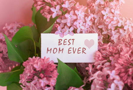 beautiful spring bouquet of lilac flowers and gift cardboard white card with the inscription best mom ever, mother day holiday concept 1の写真素材