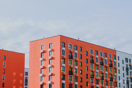 urban modern landscape: multi-colored new buildings residential buildings, windows, air conditioning, facadesの写真素材