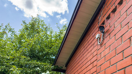 Surveillance camera mounted on red brick wall of a house near green tree under blue sky, concept of...