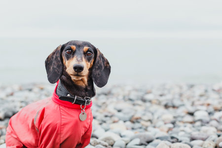 Dachshund dog in red jacket sitting on a rocky beach with sea in background, concept of pet lifestyle, theme of animals, travel, companionship, copyspaceの写真素材