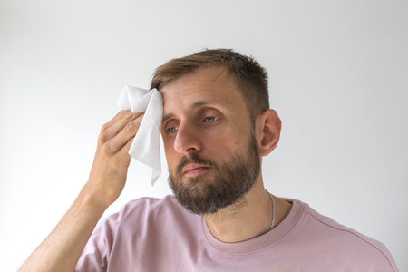 Tired man wiping sweat from forehead with tissue, wearing pink shirt against white wall, concept of fatigue, stress and everyday struggleの写真素材