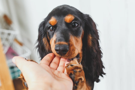 Cute black and tan Russian hunting spaniel puppy gently biting owner's hand while playing indoors showing love trust and bonding between pet and humanの写真素材