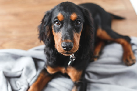 Adorable Russian hunting spaniel puppy with black and tan fur lying on a soft gray blanket indoors, looking curiously at the camera, concept of pet care, loyalty, love, and home comfortの写真素材