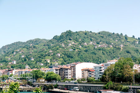 Panoramic view of the Black Sea coastal town in Turkey surrounded by green hills and forested mountains, with residential buildings and clear blue sky, concept of travel, nature, and summer vacationの写真素材