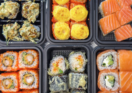 Assorted sushi rolls in black plastic trays with different toppings including salmon, tempura, and creamy sauces, showcasing Japanese cuisine, delivery food and modern urban dining concept, top viewの写真素材
