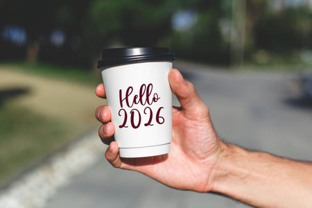 Hand holding a white paper coffee cup with black lid and the inscription Hello 2026 , concept of new...