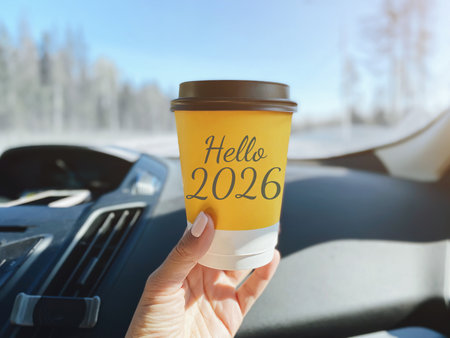 Hand holding yellow paper coffee cup with inscription Hello 2026 inside car, snowy road winter...