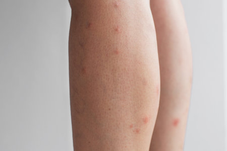 Close-up of a person s leg skin with multiple red spots and irritation, concept of dermatology, allergy, skin care and health problem awarenessの写真素材