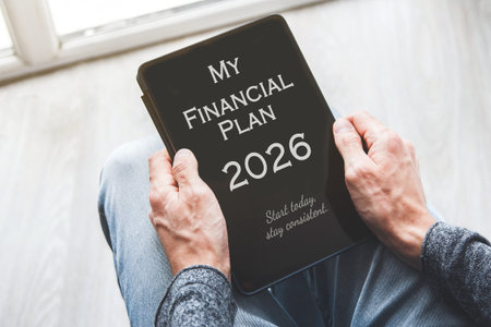 Adult holding tablet on their lap displaying Financial Plan 2026 Start today, stay consistent while...