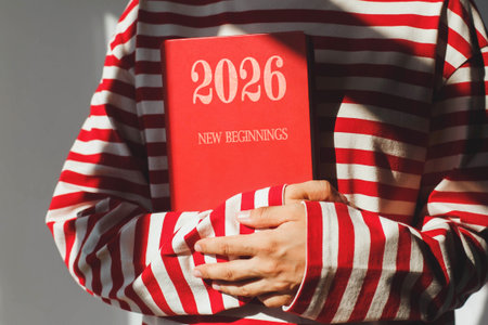 Person in red white striped sweater holding bright red book with the text 2026 New Beginnings,...