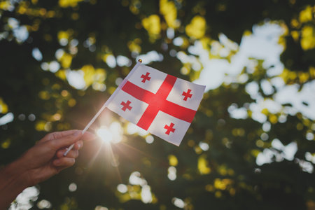 small flag of georgia against the background of sunny green trees in summerの写真素材