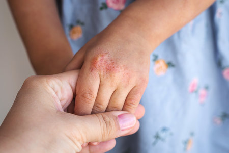 Close up of adult hand holding a child's hand with visible signs of atopic dermatitis, dry and irritated skin, symbolizing medical care, family support, tenderness and dermatology conceptの写真素材