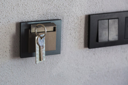 Metal key with a patterned keychain inserted into a modern hotel room power switch on a textured...
