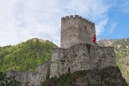 Ancient Zilkale fortress in Rize, Turkey, standing on a rocky hill surrounded by lush green forest under a bright blue sky, representing history, strength, and cultural heritage of the Black Sea regionの写真素材