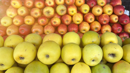 Fresh yellow and red apples arranged in rows at outdoor market stall, symbolizing healthy food,...