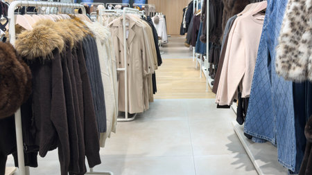 Modern clothing store interior with rows of coats, jackets, sweaters and denim arranged on racks....