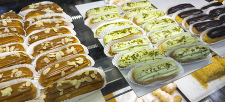 variety of fresh eclairs with caramel, pistachio, and chocolate glaze displayed in a bakery...