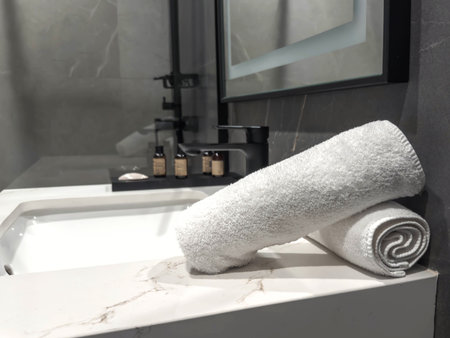 Modern hotel bathroom with soft white towels neatly rolled on a marble countertop near a stylish black faucet and amenities, creating a clean, luxurious and relaxing spa-like atmosphere for guests.の写真素材