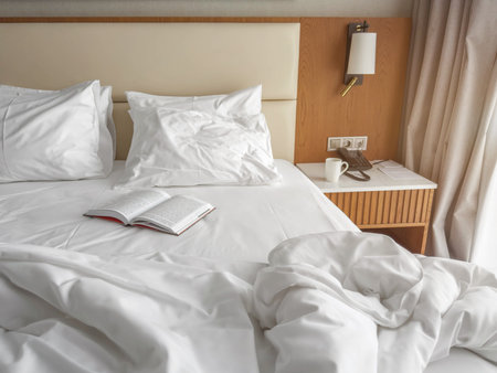 Inviting hotel bed with soft white pillows, open book and morning coffee creating a peaceful...