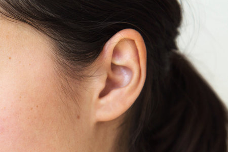 Close up of female ear and cheek with natural skin texture and soft neutral background, detailed anatomy, healthcare, dermatology and hearing wellness conceptの写真素材