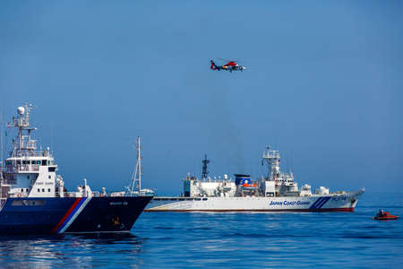 Summer, 2016 - Vladivostok, Russia - International naval military exercises. Coast guard ships from different countries participate in exercises at sea.のeditorial素材