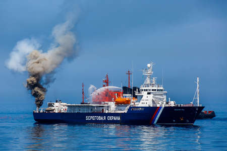 Summer, 2016 - Vladivostok, Russia - International naval military exercises. Coast guard ships from different countries participate in exercises at sea.のeditorial素材