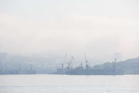 Vladivostok Marine Facade. Commercial seaport from the sea side.