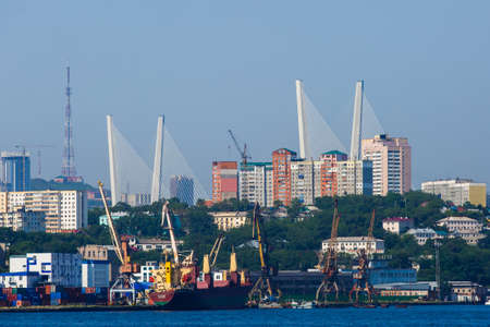 Vladivostok Marine Facade. Commercial seaport from the sea side.のeditorial素材