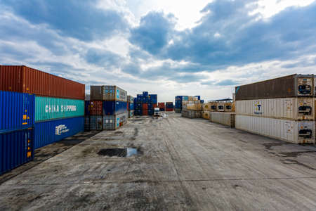 Summer, 2016 - Primorsky Krai, Russia - Container terminal. Metal containers stand in straight rows...