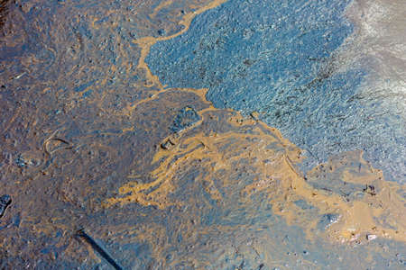 Ecological catastrophy. Close-up. Spill of oil products into the sea. Poisonous oil products float...