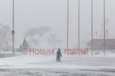 January, 2016 - Vladivostok, Russia - Heavy snowfall in Vladivostok. Lonely man walks past the inscription Happy New Year during heavy snowfallのeditorial素材