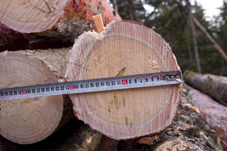 Close-up. The ruler measures the cut diameter of the woodの写真素材