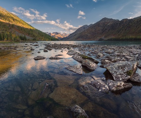 Rocky Lake Surrounded With Mountains Under Blue Sky, Altai Mountains Highland Nature Autumn...