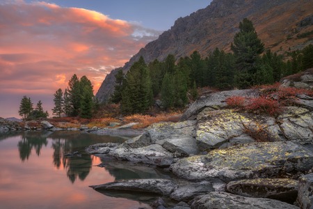 Mountain Lake Sunset Coast With Pine Forest And Rocks, Altai Mountains Highland Nature Autumn...