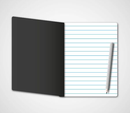 New dark black cover notebook and paper page with pencil.の写真素材