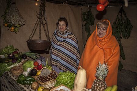 Living Bethlehem Christmas 2012, Navamorcuende, Toledo, Spain, the fruit market, fruits, vegetables, fruit shop,のeditorial素材