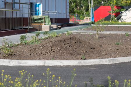 Pile heap dirt on ground near buildingの写真素材
