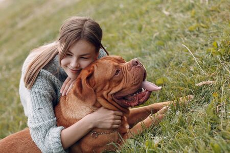 Dogue de Bordeaux or French Mastiff with young woman at outdoor park meadowの写真素材