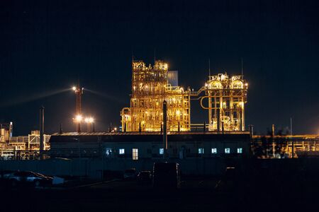 Petrochemical Factory Plant with lights at nightの写真素材