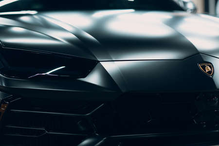 Lamborghini Urus black color sports car close up.のeditorial素材