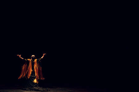 Flamenco dancer in traditional costume. Flamenco spanish dance on stage. Copy space.の写真素材