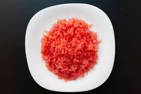 Red grapefruit fiber close-up. Fresh juicy cutted grapefruit without seeds and section shell.の写真素材