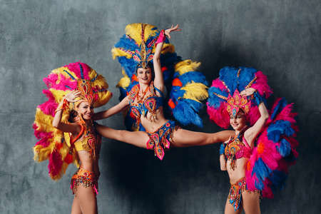 Three Woman in cabaret costume with colorful feathers plumageの写真素材