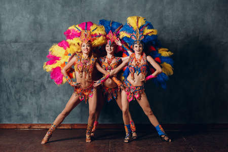 Three Woman in brazilian samba carnival costume with colorful feathers plumageの写真素材